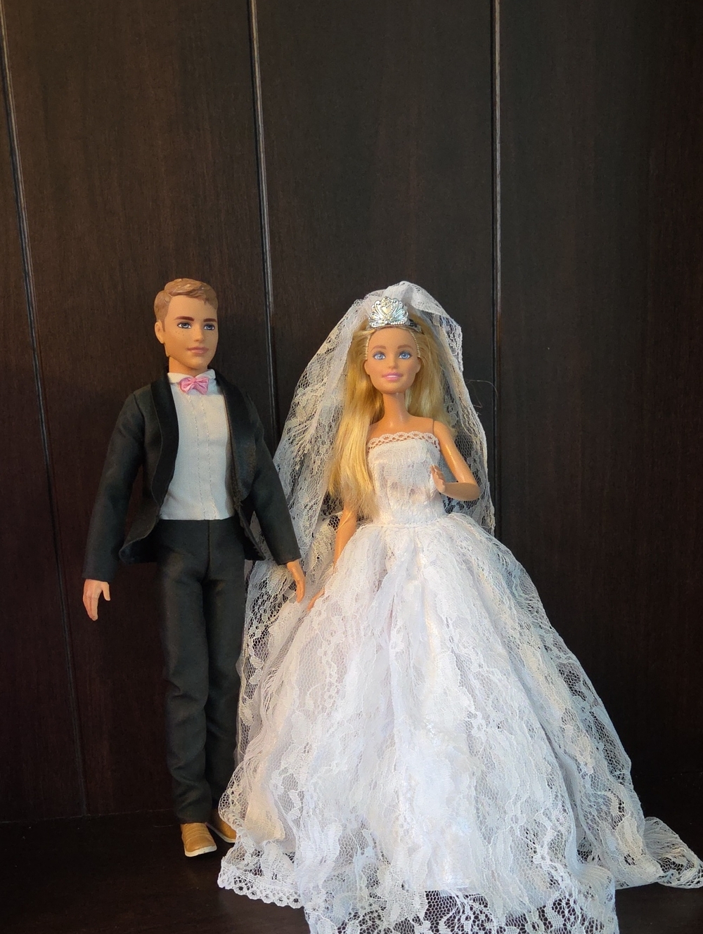 Barbie Wedding Doll Set - White Bride Gown & Black Suit with Pink Bow
